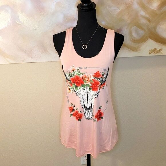 Bull Skull with Infinity Arrows & Floral Detail Tank Top Pink - Picture 2 of 15